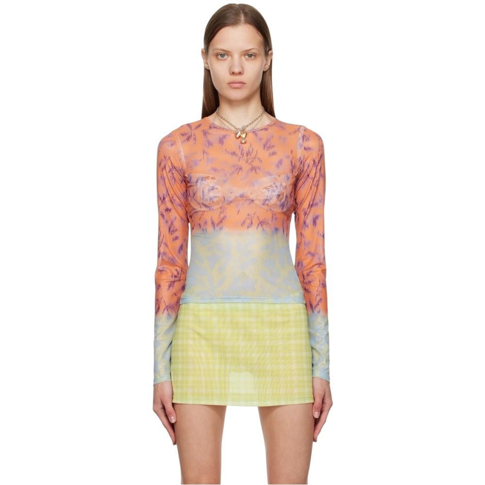 Miaou Orange Blue Purple Printed Long Sleeve Sheer Mesh Top Shirt Blouse T-Shirt